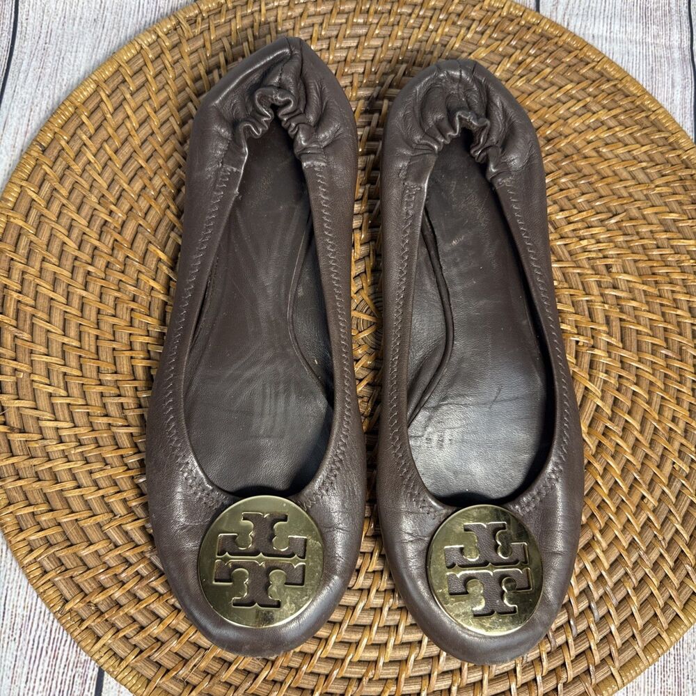 Tory Burch Women's Flats Minnie Ballet Size 8 Brown Leather Gold Logo Accent